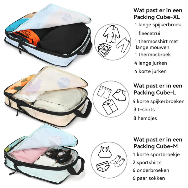 Packing cubes compressie 2x zoveel ruimte